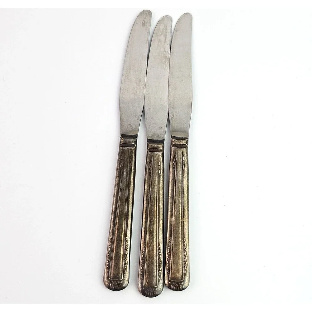 Vintage Silverplate Knife Set of 3 Vertical Ridge Engrave Flowers Vines